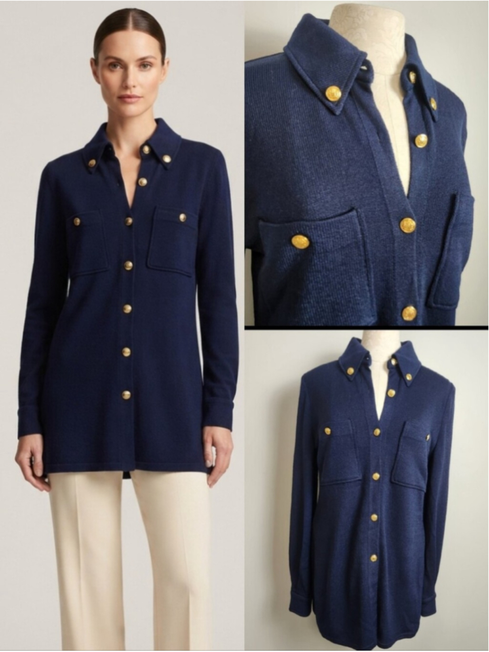 VTG St John Marie Gray Santana Knit Long Sleeve Shirt Tunic Sz M Navy Gold Prep